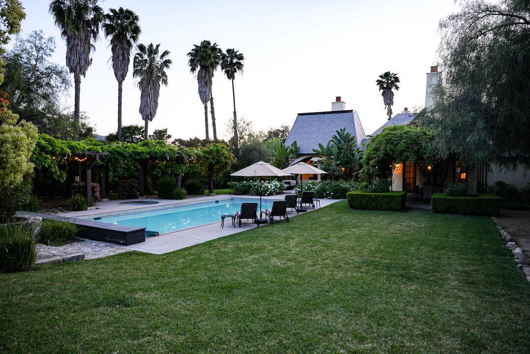 Outdoor pool with palm trees and lawn